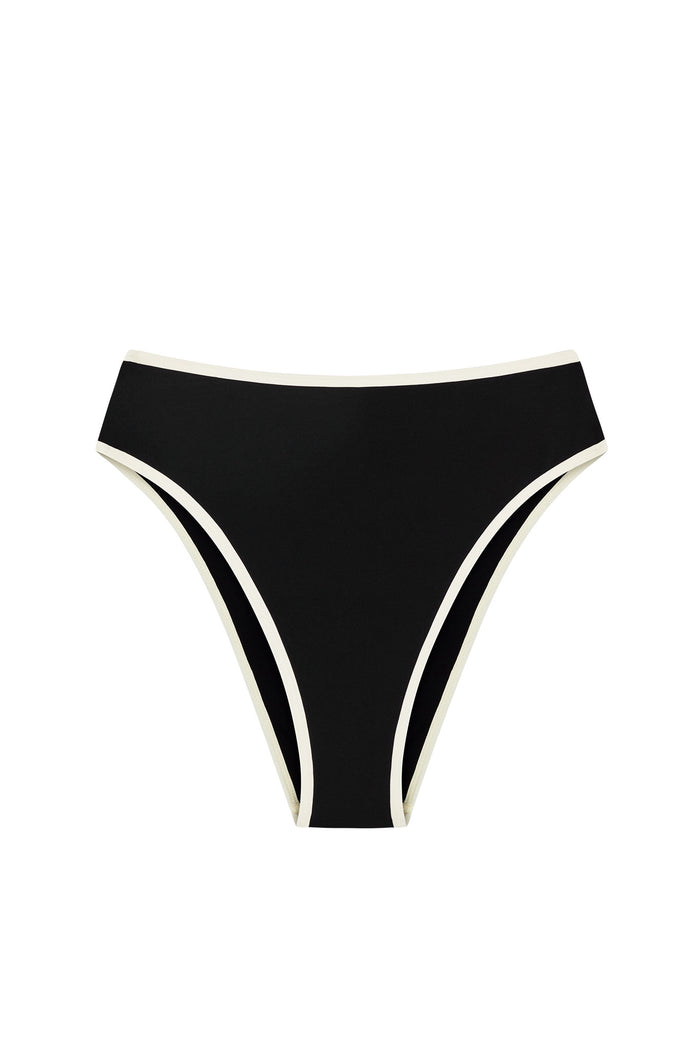 Front view of Ravello high-waisted bikini bottom in black with ivory trim, high-cut leg and cheeky coverage on white background