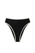 Front view of Ravello high-waisted bikini bottom in black with ivory trim, high-cut leg and cheeky coverage on white background