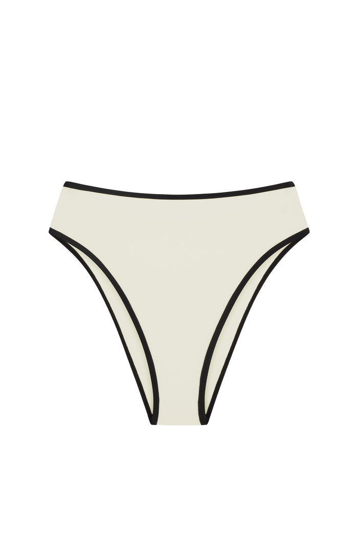 Front view of Ravello bottom, ivory with black trim, high-waisted, high-cut leg and cheeky coverage on white background