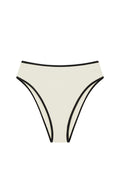 Front view of Ravello bottom, ivory with black trim, high-waisted, high-cut leg and cheeky coverage on white background