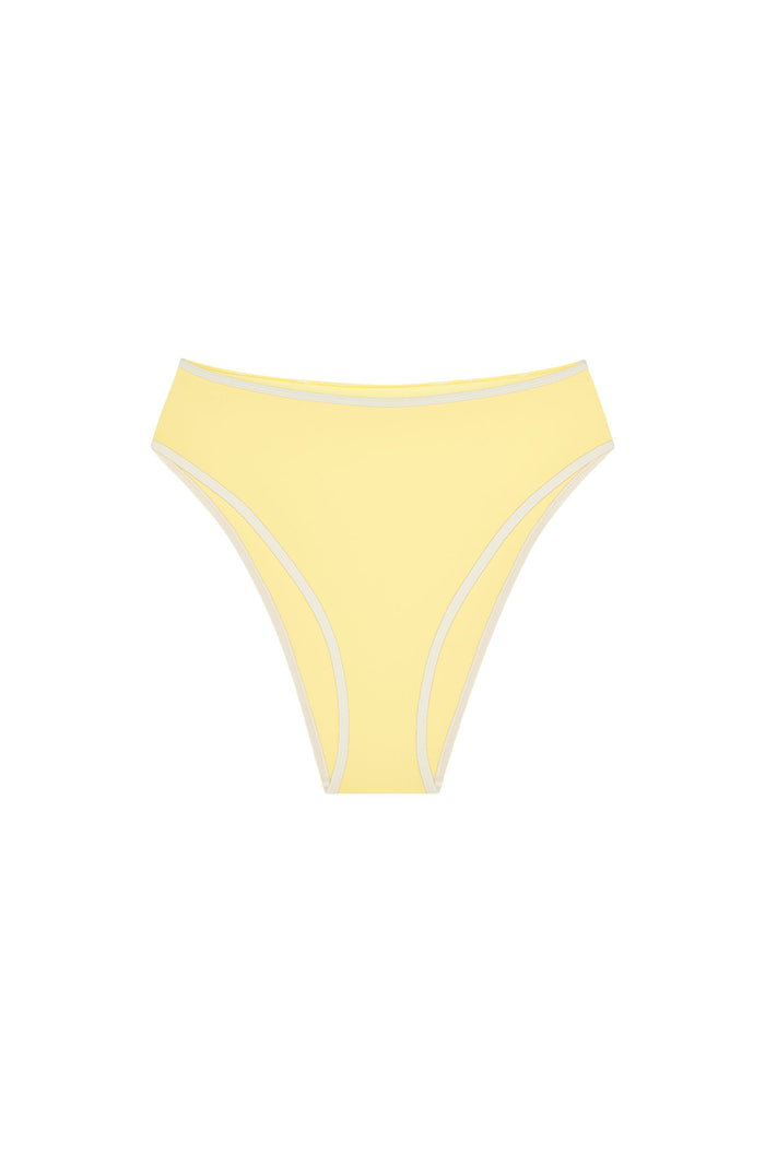 Front view of Ravello bottom in Meyer/Ivory showcasing high‑waisted, high‑leg cut with cheeky coverage on white background