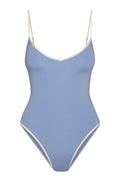 Periwinkle-blue one-piece swimsuit with cream trim and adjustable spaghetti straps.