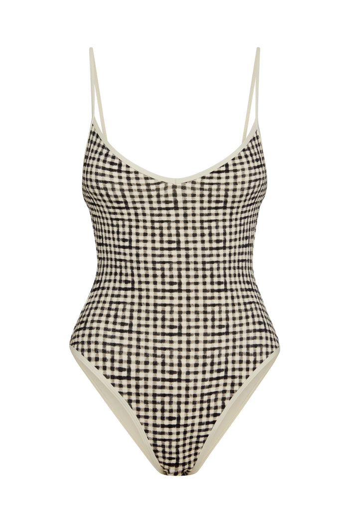 Front close-up of Ravello One Piece in black gingham showing V neckline, adjustable straps and cheeky high‑cut leg on white background