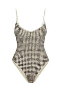 Front close-up of Ravello One Piece in black gingham showing V neckline, adjustable straps and cheeky high‑cut leg on white background