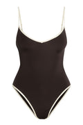 Front view of Ravello One Piece in espresso with ivory contrast trim, V-neck and adjustable thin straps on white background
