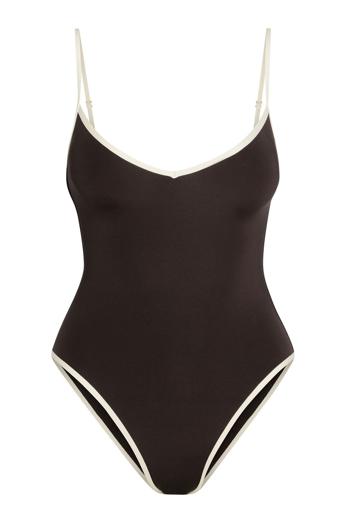 Front view of Ravello One Piece in espresso with ivory contrast trim, V-neck and adjustable thin straps on white background