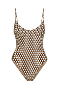 Front of Ravello One Piece in Husk Geo with brown geometric print, scooped V neckline and thin adjustable straps on white background
