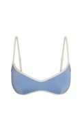 Front of Ravello Top in azure and ivory with V neckline, contrast ivory trim, adjustable straps on white background