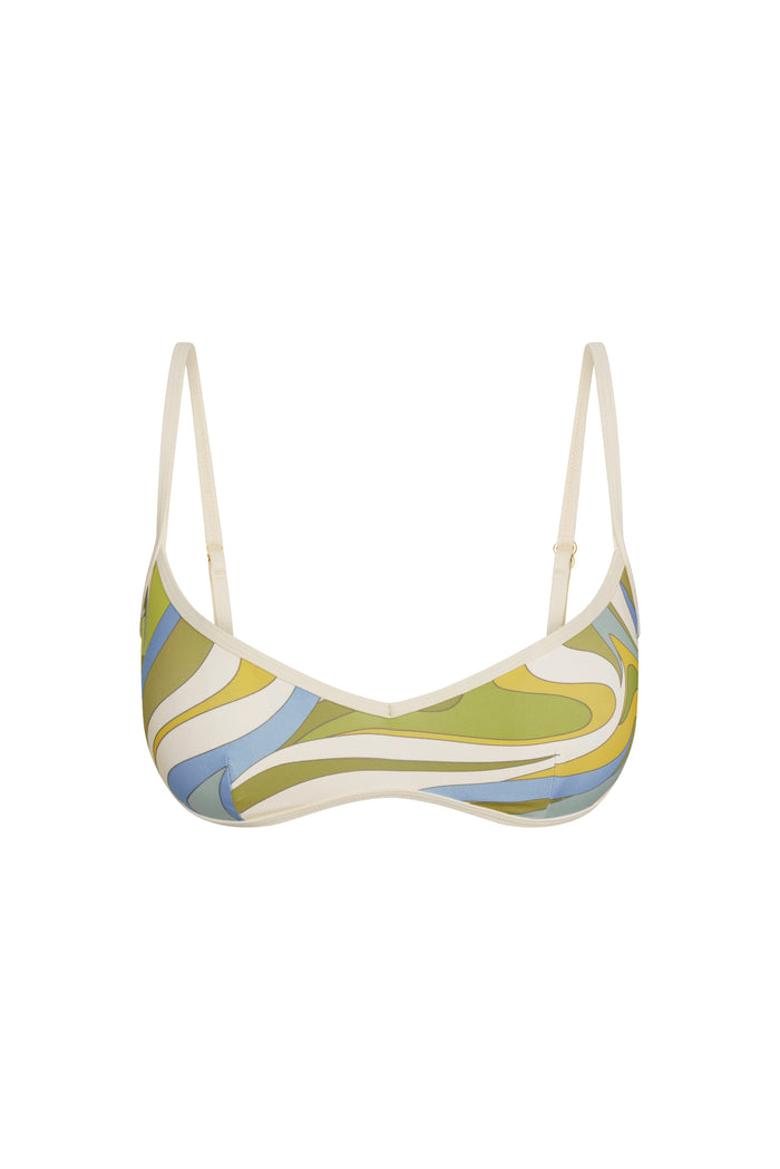 Front view of Ravello Top with wide V neckline, adjustable straps, and Costa Rei Apple/Ivory color-block print on white