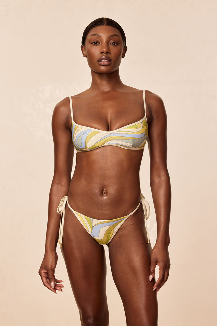 Front of Ravello Top in Costa Rei Apple/Ivory showing square neckline, thin straps, and abstract pastel swirl print