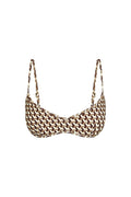 Front view of Ravello Top in Husk Geo showcasing balconette shape and thin adjustable straps on white background