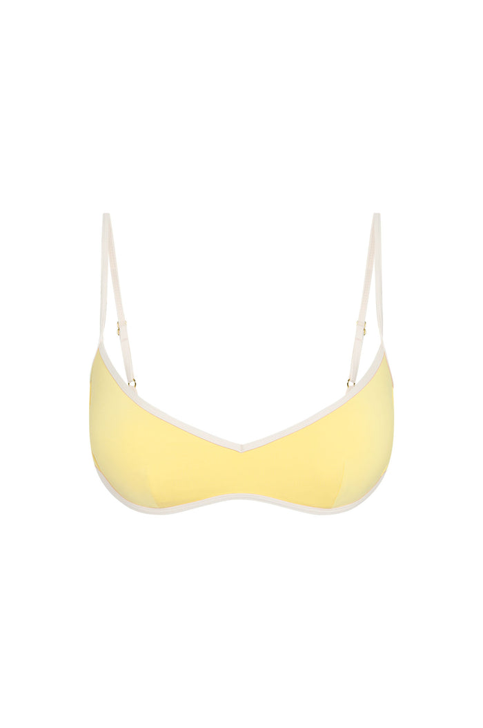 Front view of Ravello Top in Meyer/Ivory showing wide V neckline, ivory color-block trim and adjustable shoulder straps on white background