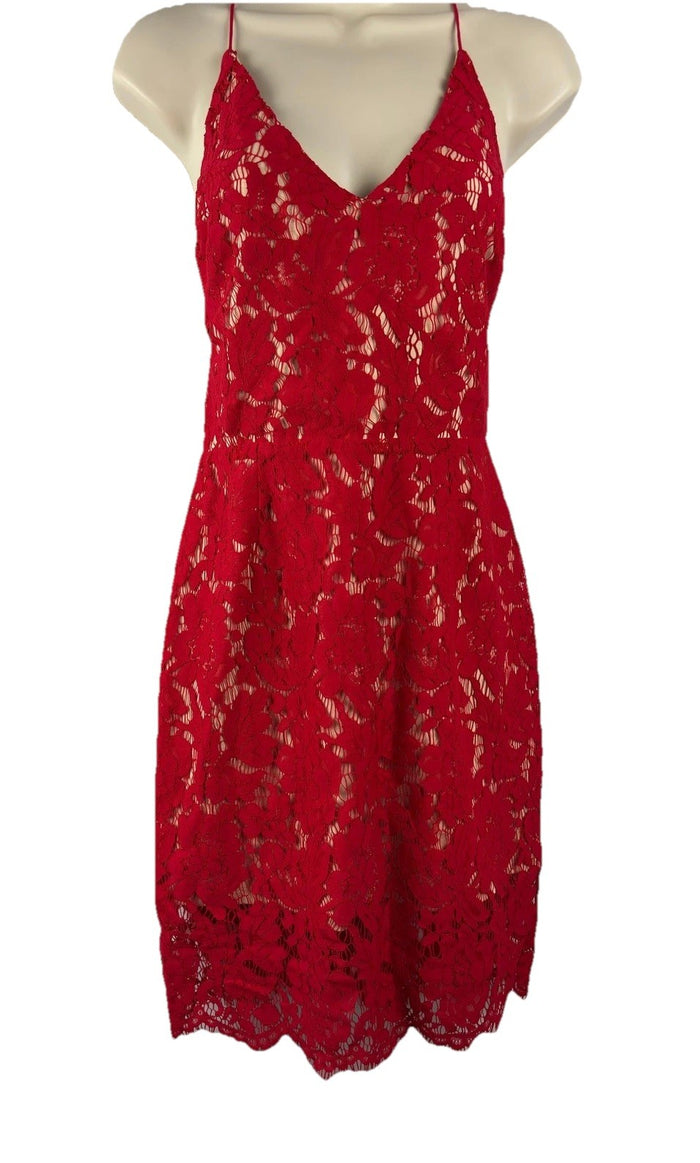 Red Lace Midi Dress Women’s L Bodycon Lined V-Neck Cocktail Holiday Party