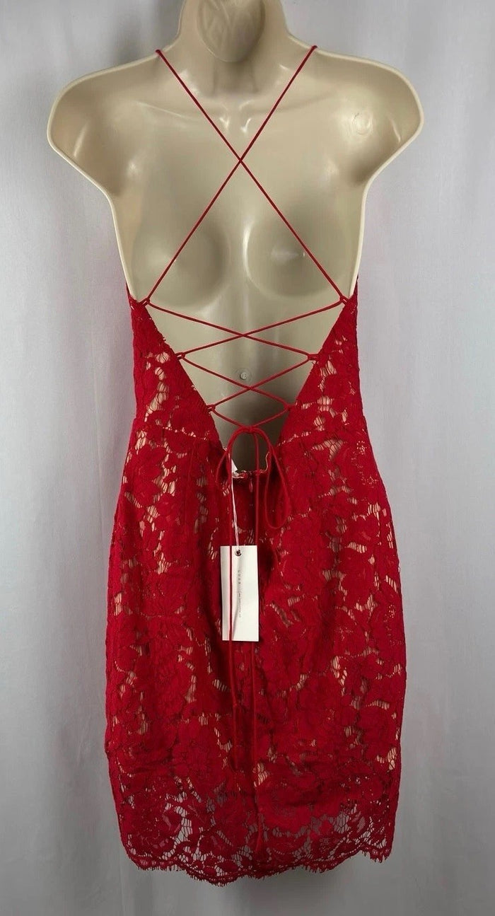Red Lace Midi Dress Women’s L Bodycon Lined V-Neck Cocktail Holiday Party