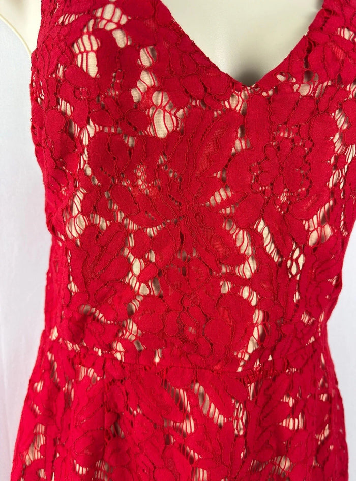 Red Lace Midi Dress Women’s L Bodycon Lined V-Neck Cocktail Holiday Party