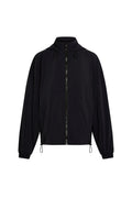 Black lightweight hooded zip-up jacket with front zip, elastic cuffs, drawcord hem and front pockets.