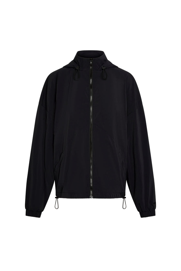 Black lightweight hooded zip-up jacket with front zip, elastic cuffs, drawcord hem and front pockets.