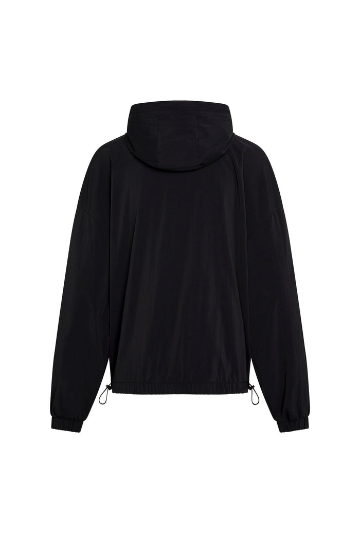 Black hooded windbreaker jacket, back view, elastic cuffs and drawcord hem