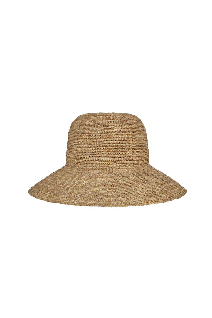 Front view of Rio Hat in Husk showing packable woven raffia construction and wide brim on white background