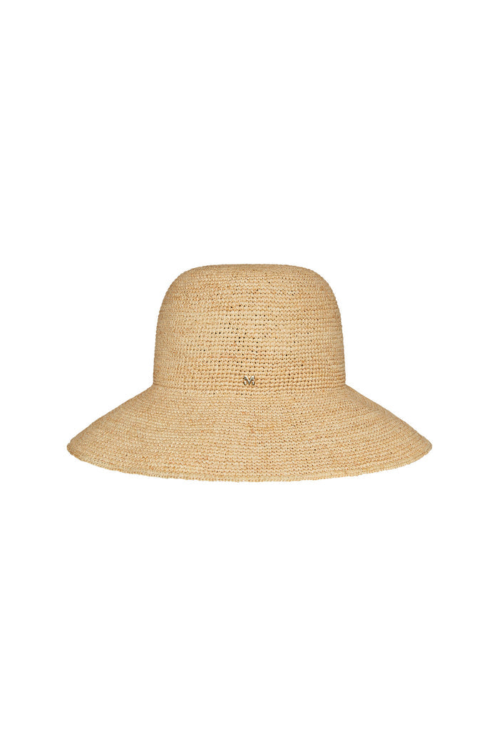 Front view of Rio Hat in Natural raffia, wide 4.25-inch brim and gold M logo on white background