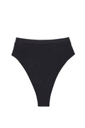 Flat lay of Riviera Bottom in black showcasing a high waist, high cut leg, and cheeky coverage on white background