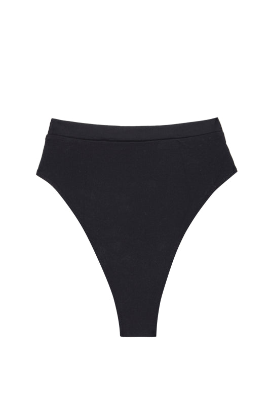 Flat lay of Riviera Bottom in black showcasing a high waist, high cut leg, and cheeky coverage on white background