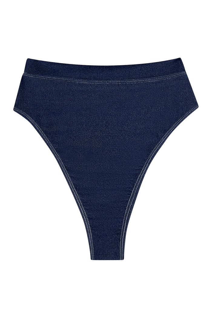 Front flat lay of Riviera high-waist bikini bottom in blue denim showing high-cut leg and contrast stitching on white