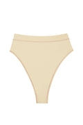 Front flat-lay of Riviera Bottom high-waist bikini bottom in champagne denim with high-cut leg and contrast stitching on white background