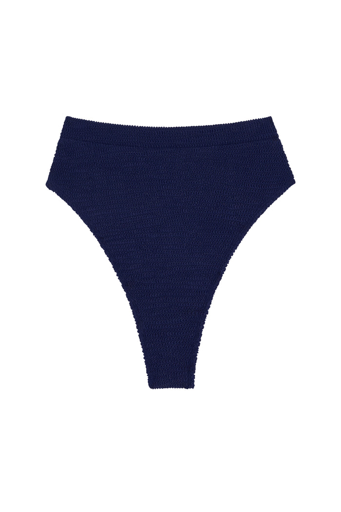 Close-up of Riviera Bottom in Midnight Crinkle showing high-rise, high-cut silhouette and crinkle texture on white background