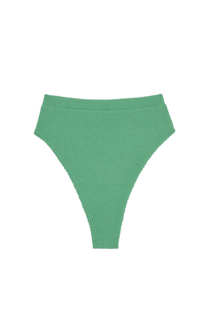 Flat lay front of Riviera Bottom in Pond Crinkle showing high waist, high-cut leg and crinkle texture on white background