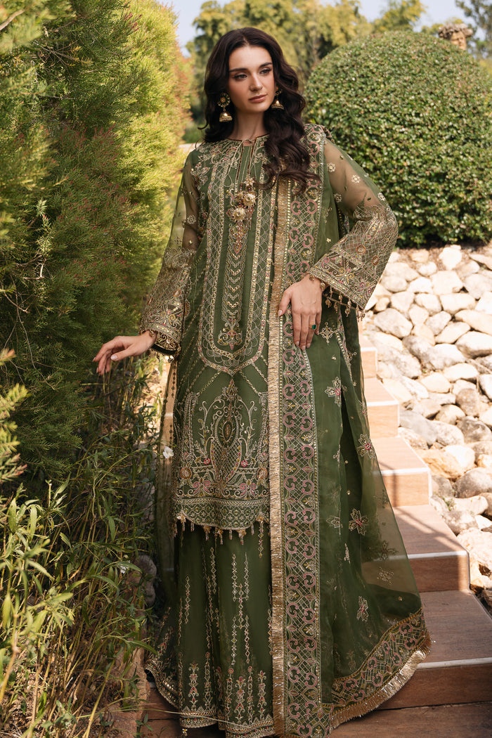 Olive green organza embroidered shirt and sharara by NAQSHI with gotta tassels, tilla work, sequins, and matching dupatta for formal events.