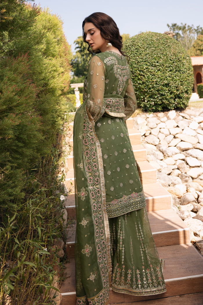 Back view of NAQSHI Ruhiya olive green formal outfit highlighting detailed embroidery, sequin work, and elegant organza finish.