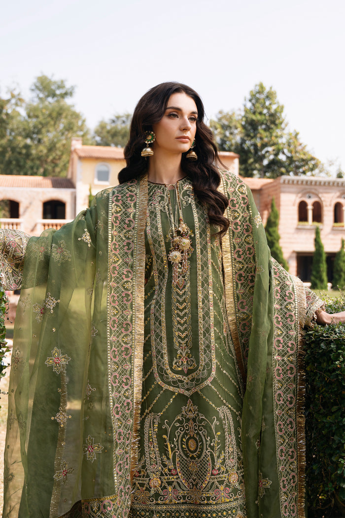 Front view of NAQSHI Ruhiya olive green outfit showing full dupatta with four-side borders, kiran lace, and rich embroidery.