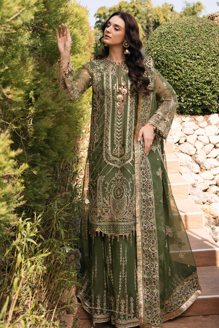 Full-length view of NAQSHI Ruhiya 3-piece ready-to-wear outfit with embroidered organza shirt, sharara, and matching dupatta.