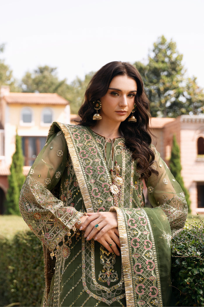 Close view of NAQSHI Ruhiya olive green shirt showing gotta tassels, crystal hangings, tilla work, and detailed embroidery.