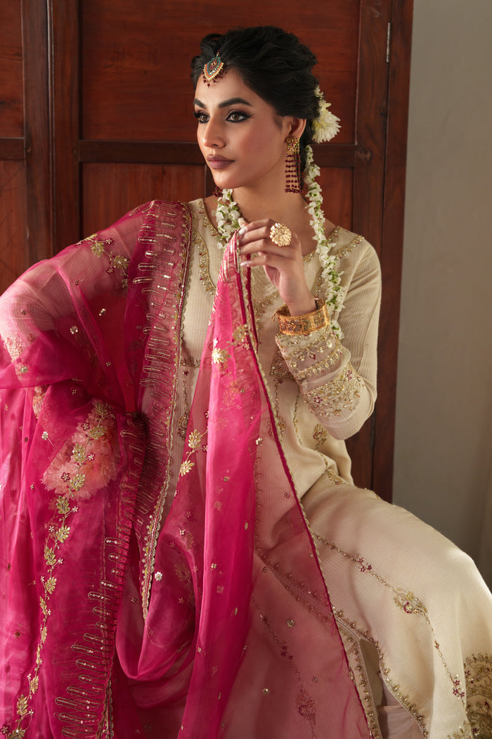 NAQSHI Rumi organza dupatta detail: translucent off‑white fabric embellished with sequins and length‑wise thread embroidery.
