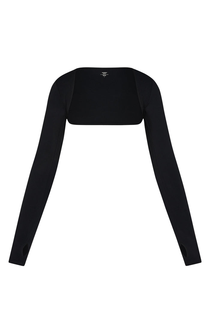 Front of Runyon Canyon Bolero in black with cropped cut, long fitted sleeves with thumbholes and square back on white