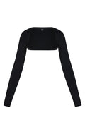 Front of Runyon Canyon Bolero in black with cropped cut, long fitted sleeves with thumbholes and square back on white