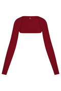 Front view of Runyon Canyon Bolero in cherry showing cropped fitted body and long sleeves with thumb holes on white background