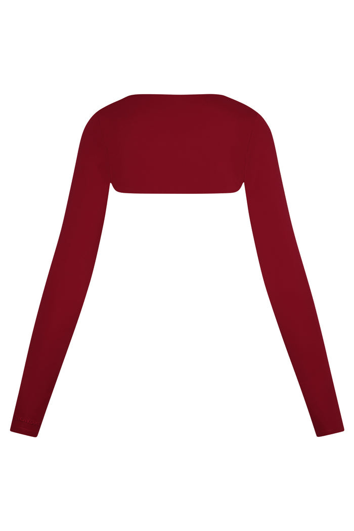 Back view of Runyon Canyon Bolero in cherry showcasing cropped back and long sleeves on white background