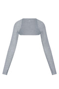 Light heather-gray cropped shrug with long fitted sleeves and wide back panel