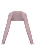 Dusty rose heather long-sleeve cropped shrug with open back and fitted sleeves.