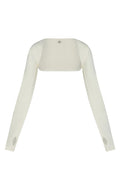 Ivory cropped bolero shrug with long sleeves and thumb holes, flat-lay on white background