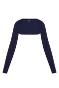 Back flat-lay of Runyon Canyon Bolero in midnight jersey, cropped bolero with long sleeves and thumbholes on white background