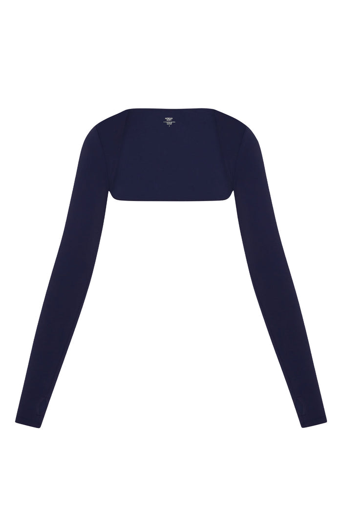 Back flat-lay of Runyon Canyon Bolero in midnight jersey, cropped bolero with long sleeves and thumbholes on white background