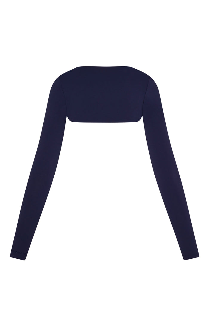 Front flat lay of Runyon Canyon Bolero in midnight jersey showcasing cropped long sleeves and shrug silhouette on white background