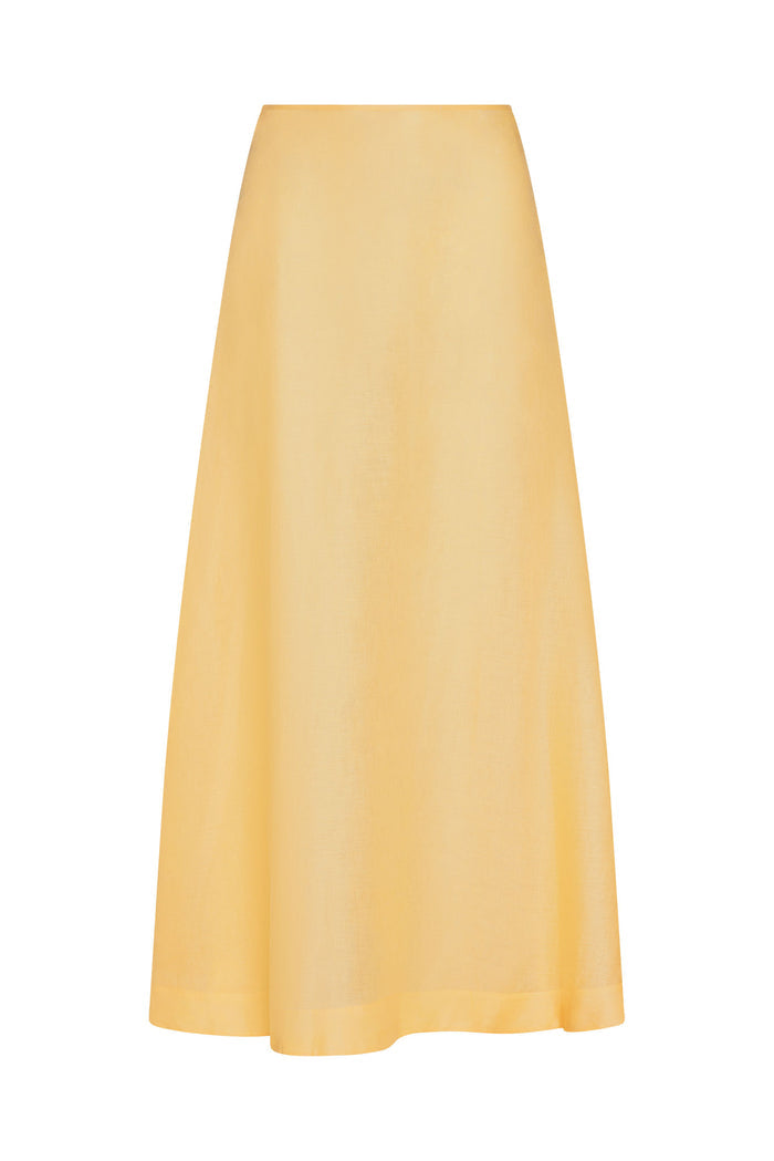 Front view of San Diego Skirt in honey showcasing high waist A-line silhouette and midi length on white background