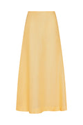 Front view of San Diego Skirt in honey showcasing high waist A-line silhouette and midi length on white background