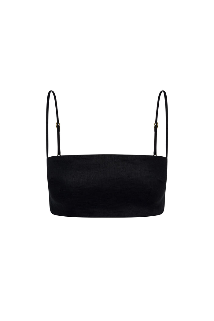 Black bandeau crop top with thin adjustable shoulder straps on white background