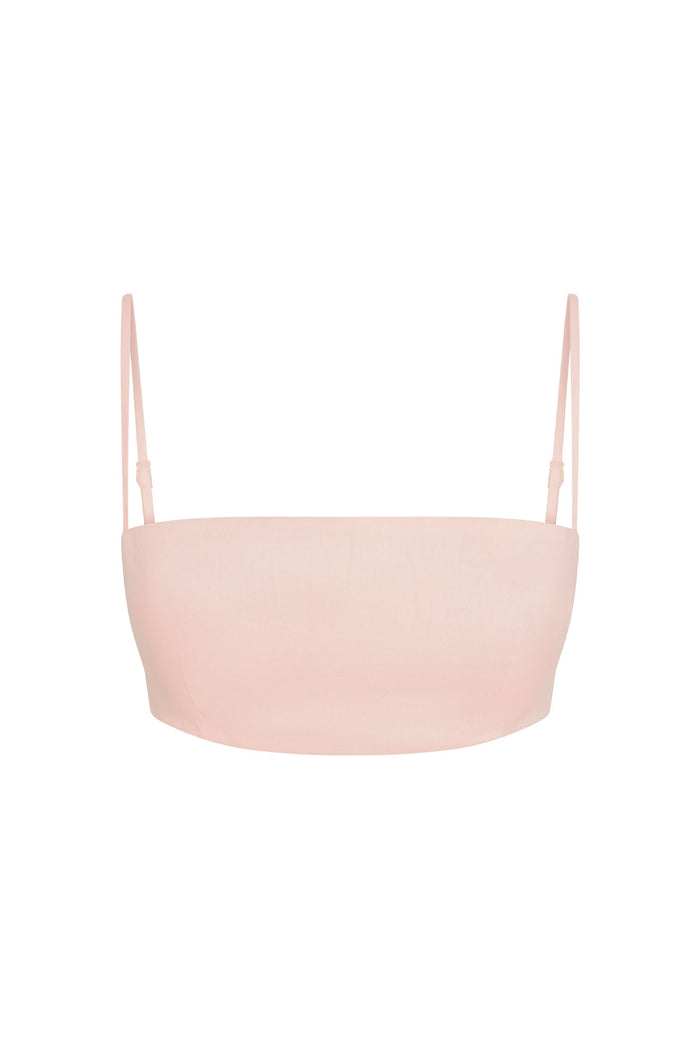 Front of San Diego Top showing bandeau silhouette with thin adjustable straps in powder pink linen on white background